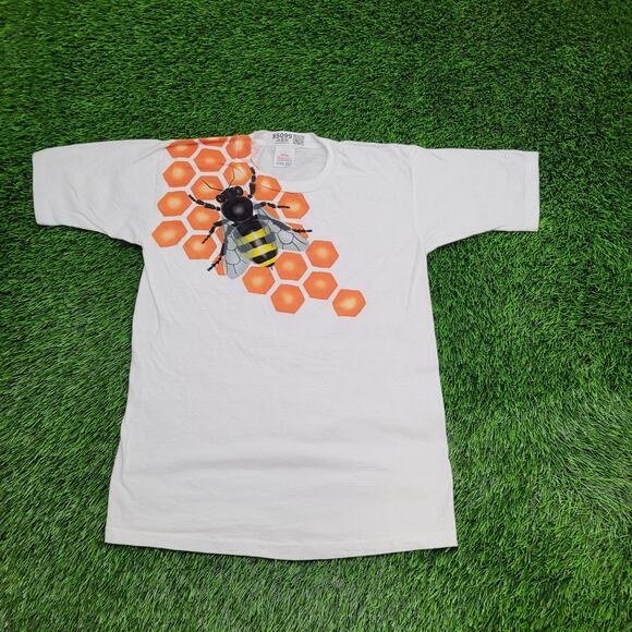 Vintage 90s Bee Honeycomb Shirt S/M 18x25 White USA Bumblebee - Picture 1 of 12